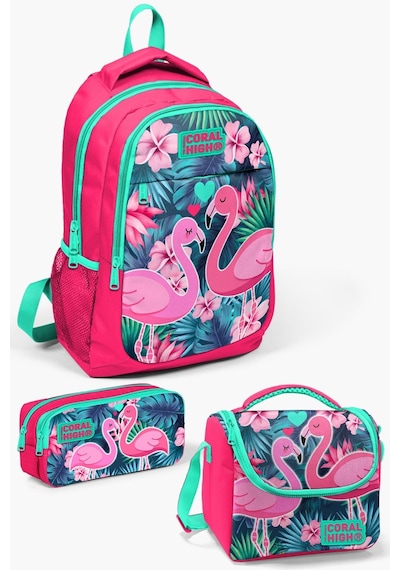 Coral High Kids Neon Mercan Su Yeşili Flamingo Desenli 3 Lü Okul Çanta Seti Set0114377