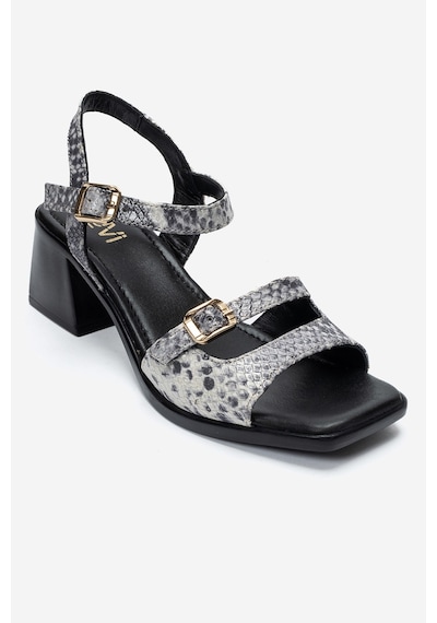 Luvi Shoes Yolen Siyah Desenli Hakiki Deri Kadın Kalın Topuklu Sandalet
