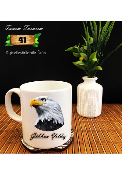 Kartal Figürlü Kşiye Özel Tasarım İsim Yazılabilir - Porselen Kupa Beyaz