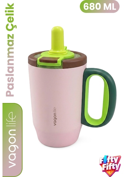 680 Ml Tek Kapak Çift Kullanım Pipetli Rahat İçim Kulplu Paslanmaz Çelik Termos Mug Ffvgn1113-680ml Pembe