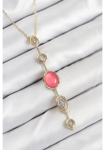 Mey İthalat Pirinç Zincir Pembe Gold Renk Zirkon Taşlı Y Kolye 11 50284228