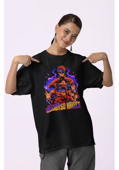 Jujutsu Kaisen Anime Dizi Karakterler Baskılı Unisex Oversize Goj Siyah