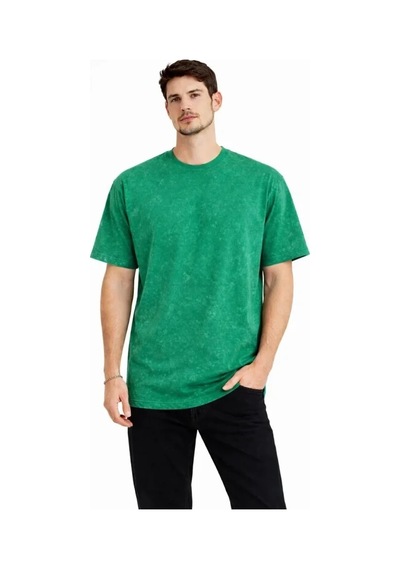 Vexor Erkek Asit Yıkama Bisiklet Yaka Kısa Kollu Oversize T-shirt Tişört - Yeşil