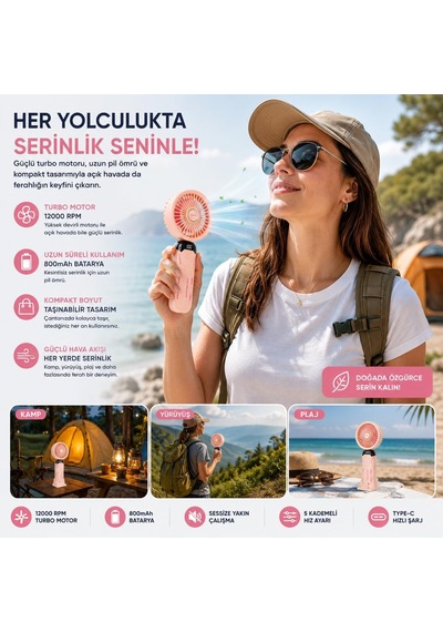Şarjlı El Tipi Vantilatör, Telefon Standlı, 5 Kademeli Turbo Hava Akışı, Usb-c Şarjlı, Taşınabilir Mini Masaüstü Fan Diğer