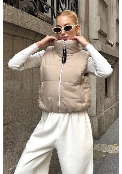 Veraura Lifestyle Bej Sırtı Taş İşlemeli Dik Yaka Kısa Şişme Yelek