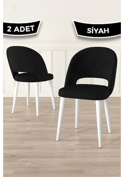 Canisa Pane Serisi 2 Adet Siyah Mutfak Sandalyesi Babyface Kumaş Beyaz Ayak Siyah Sandalye Beyaz Ayak