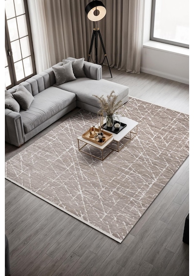 Clay Ct006a Bej Halı Modern Geometrik Desenli Triko Akrilik Pamuk Tabanlı Kaymaz Salon Halısı