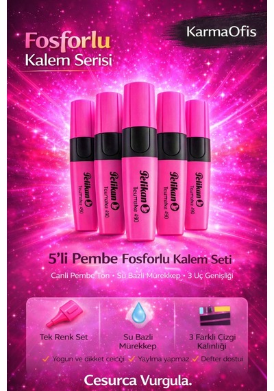 5 Li Pembe Fosforlu Kalem Seti Su Bazlı, 3 Uçlu, Yoğun Pigment Pembe