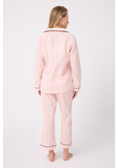 Lespadon Marısılk Seastrıpe Premium Dokuma Uzun Kollu Crop Pantolonlu Kadın Pijama & Lounge Takımı-3199 Pembe
