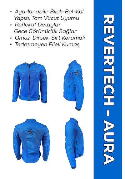 Revertech Aura Mavi / Bel, Dirsek Ve Sırt Korumalı Motosiklet Montu + Buff