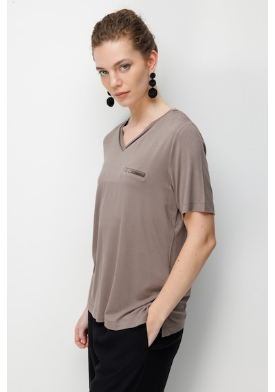 Desen Triko Kadın V Yaka Cebi Saten Şeritli Penye T-shirt 26828 Vizon Vizon