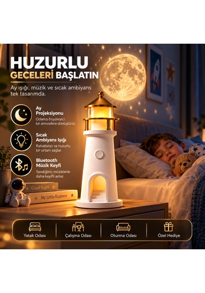 Kenly Deniz Feneri Ay Projeksiyonlu Led Gece Lambası Bluetooth Hoparlörlü Kumandalı Dimmerli 2400 Mah Şarjlı Masa Lambası Beyaz