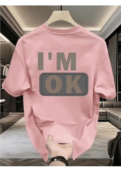 Unisex "ı'm Ok" Baskılı Oversize Pamuklu Tişört - Özel Tasarım Patch Detaylı Pembe