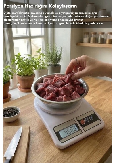Hassas Mutfak Tartısı - 10kg Mutfak Terazisi Hassas Ölçüm Lcd Diijital Ekran Pil Hediyeli Beyaz