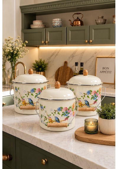 Kuş Desenli Emaye Bakraç Yoğurt Bakliyat Kabı Seti 24-26-28 Cm 95411 Kuşlu