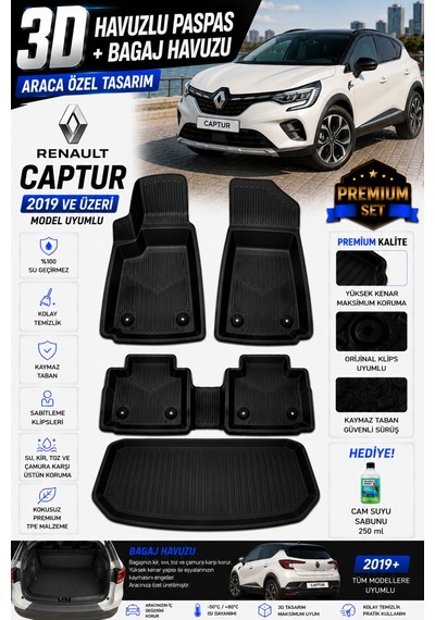 Renault Captur 2019 Ve Üzeri Model Uyumlu 3d Araca Özel Havuzlu Paspas+bagaj Havuzu Birebir Uyum