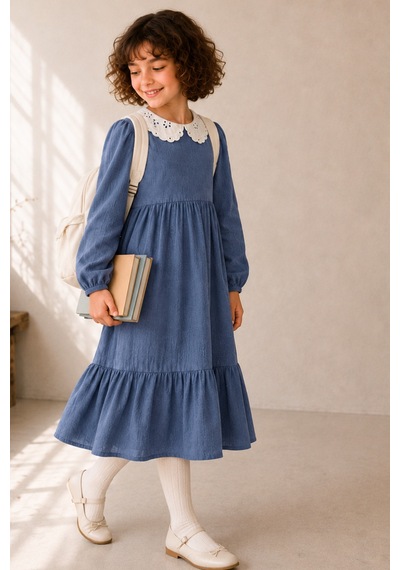 Angel&co. Girls Clothing Brode Yaka Müslin Midi Elbise-mavi Mavi
