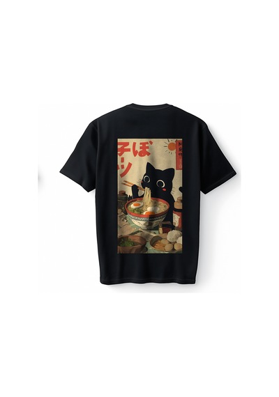 Bumeta Japon Kedi Ramen Baskılı Vintage Oversize Unisex Tişört T-shirt Siyah