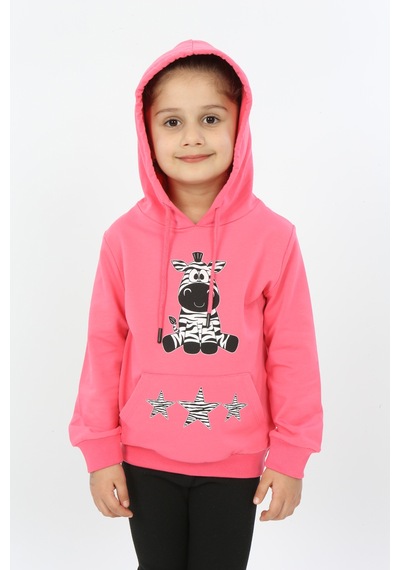 Toontoy Kız Çocuk Yıldızlı Zebra Baskılı Kapüşonlu Sweatshirt Fuşya