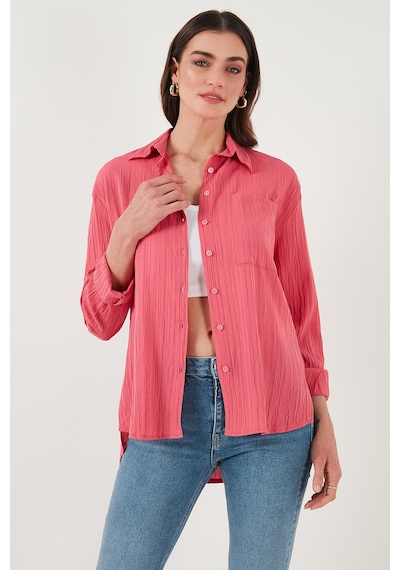 Lela Regular Fit Tek Cepli Önü Kısa Arkası Uzun Krinkıl Bayan Gömlek 6772752 Fuşya