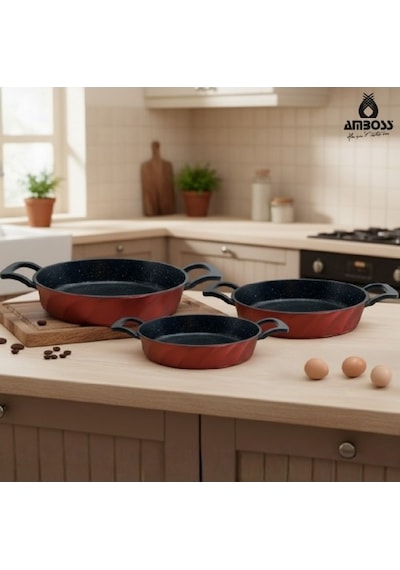 Amboss Vento 3 Parça Döküm Sahan Omlet Seti (Kırmızı)