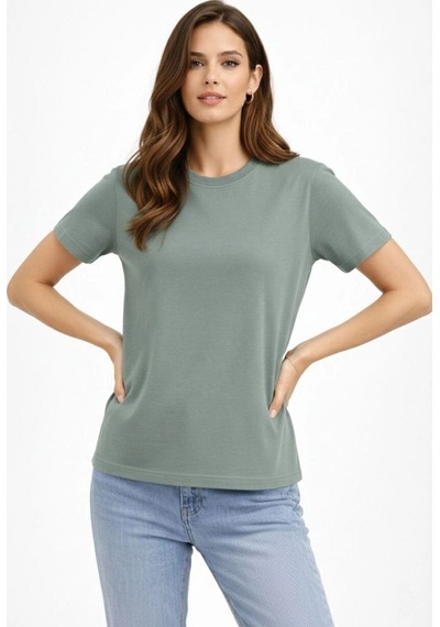 Kadın Bisiklet Yaka Yazlık Kısa Kol Düz Tişört Regular Kalıp T-shirt - Mint Yeşili