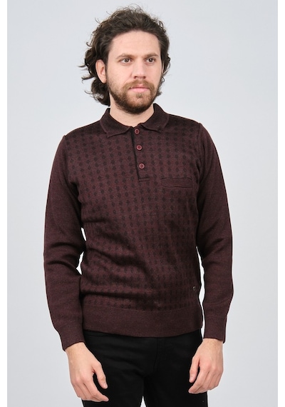 Çizgi Triko Erkek Cep Detaylı Polo Yaka Desenli Kazak 42544216 Bo Bordo