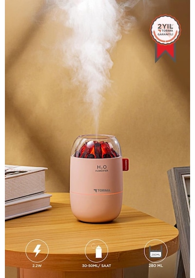 H16 Pembe Odun Ateşi Efekli Hava Nemlendirici Buhar Makinesi 280ml Led Işıklı Sessiz Çalışma (İthalatçı Garantili)