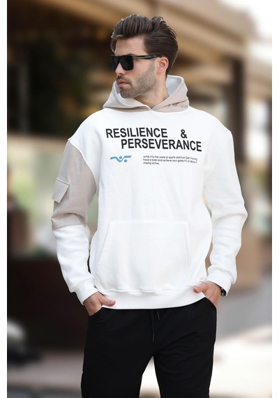 Madmext Ekru Kapüşonlu Cep Detaylı Baskılı Erkek Sweatshirt 7058-ekru Ekru