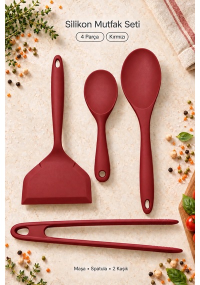 Tilbe Home 4lü Silikon Mutfak Servis Seti Kaşık Spatula Maşa Yemek Pişirme Karıştırma Hazırlık Gereç