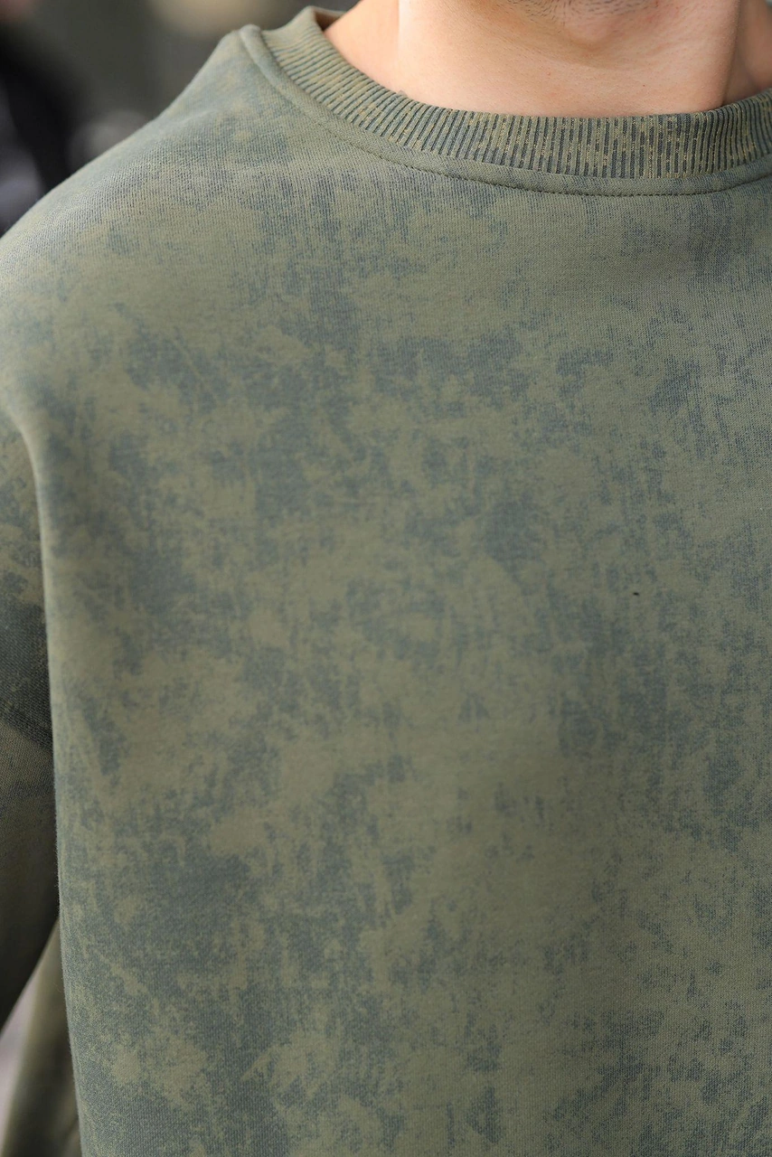 Madmext Haki Bisiklet Yaka Batik Desenli Erkek Sweatshirt Pantolon Takım E7344 Haki