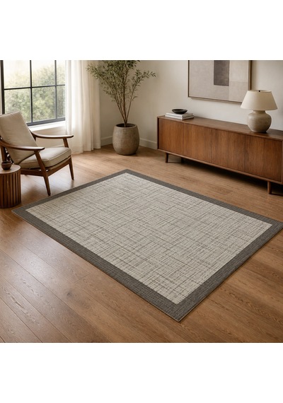 Kartela Halı Jüt Görünümlü Kalın Çerçeveli Halı Açık Gri Kaymaz Taban Makinede Yıkanabilir 60x90 Cm