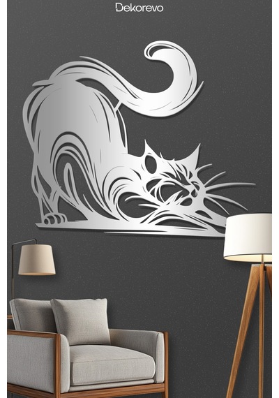 Dekoratif Metal Kedi Duvar Tablosu - Metal Duvar Sanatı - Gümüş - 50 X 40 Cm