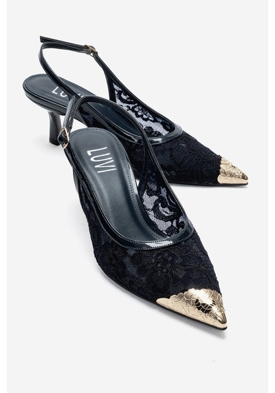 Luvi Shoes Clem Lacivert Dantel Detaylı Altın Burunlu Kadın Topuklu Ayakkabı