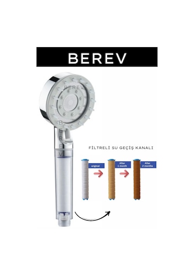 Berev  Filtreli Arıtmalı Masajlı Çok Fonksiyonlu Basınçlı Krom Beyaz Duş Başlığı Gümüş