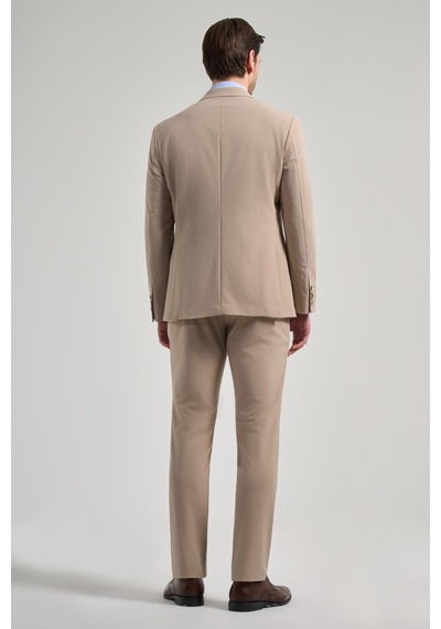 İmza Düz Gabardin Mono Yaka Tam Astar Beli Lastikli Esnek 6 Drop Slim Fit Takım Elbise 1001250155 Koyu Bej