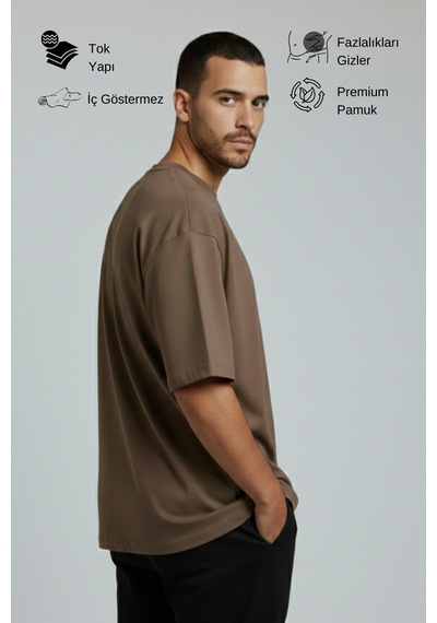 Allunique Erkek Pamuklu Oversize Bisiklet Yaka Kahverengi T-shirt