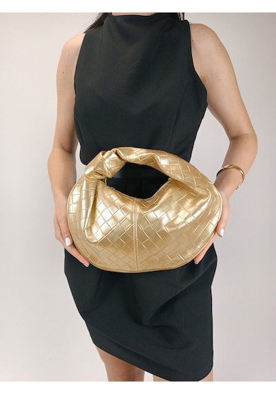 Glemix Helen Gold Düğümlü Örgü Desen Kadın El Çantası Gold Örgü Desen