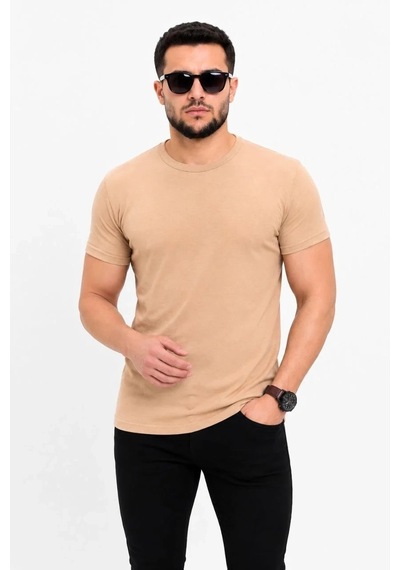 Tarz Yeri Erkek Basic Tişört Bisiklet Yaka Kısa Kol Günlük Yazlık Slim Fit T-shirt - Bej