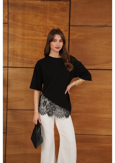 Verymoda Dantel Detaylı Asimetrik Tişört D2953 Siyah