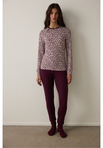 Penti Bordo Leopar Desenli Uzun Kollu Termal Etkili Pijama Üstü