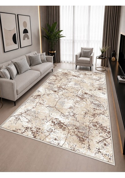 Kahverengi Krem Dijital Baskı Halı Kaymaz Tabanlı Yıkanabilir Halı Yolluk Salon Halısı2157