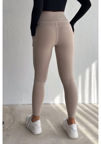 Balenbi Haute Kadın Yüksek Bel Toparlayıcı Çift Cepli Leggings Fitness Tayt 1092 Bej