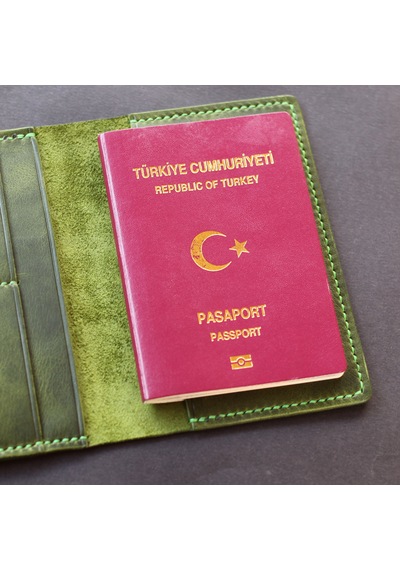 Leather Craft Hakiki Deri Isme Özel Pasaport Kılıfı - Yeşil