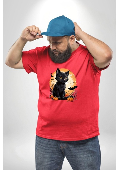 Angemiel Cadılar Bayramı Kedi Kırmızı Büyük Beden Erkek Kadın Unisex Basic Ön Baskılı Tişört Kırmızı