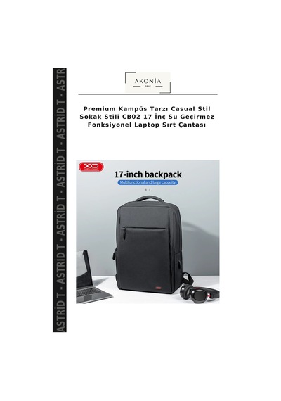 Premium Kampüs Tarzı Casual Stil Sokak Stili Cb02 17 İnç Su Geçirmez Fonksiyonel Laptop Sırt Çantası Siyah