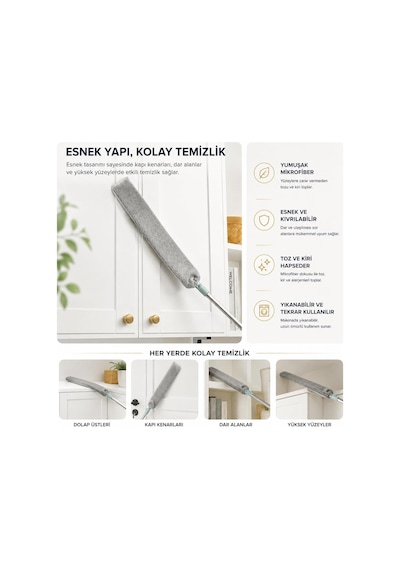 Temizleme Mopu Mikrofiber Başlıklı Girintili Yüzey Dip Köşe Temizleme Toz Alma Raf Temizleme Mopu Toz Alma Fırçası + 1 Yedekli