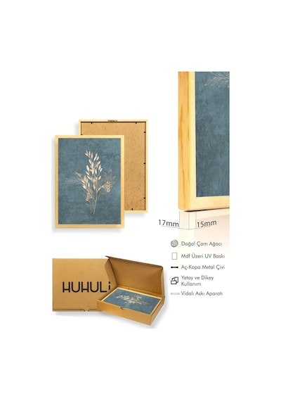 Doğal Ahşap Çerçeveli Minimal Yaprak Desenli Tablo - Mavi Huhu1089