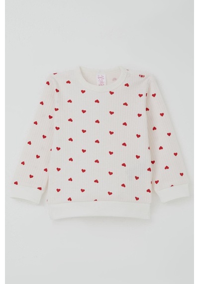 Breeze Kız Bebek Pijama Takımı Omuzdan Patlı Kalp Desenli 4 Ay-1 Yaş, Ekru Ekru