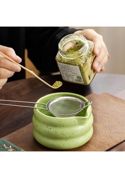 Seremoniye Uygun 5 Parça Matcha Seti Bambu Çırpıcı, Seramik Kase Ve Kaşık İle Çay Ritüeli Yeşil